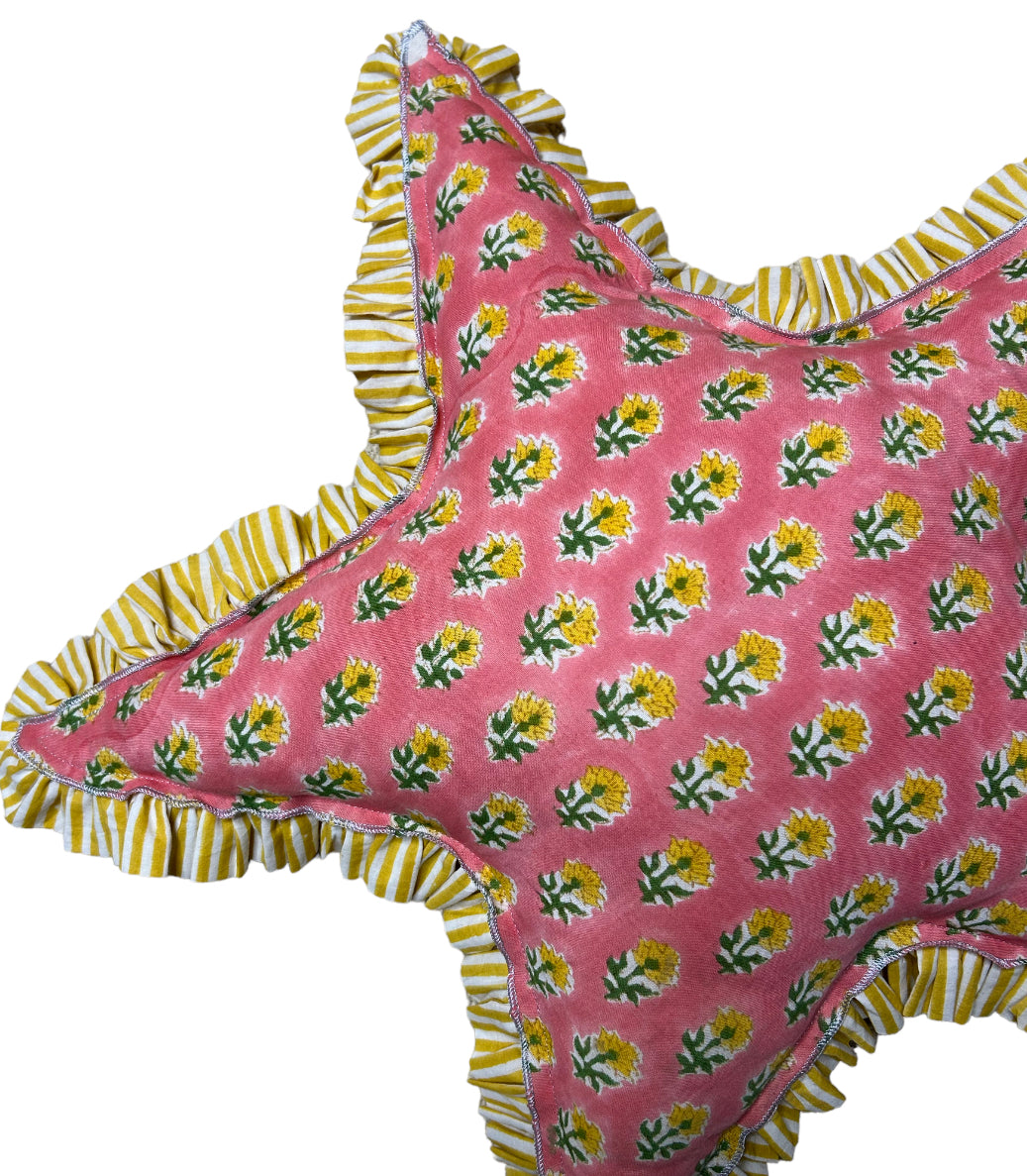 Pink Marigold Hand block printed Star cushion - limited edition