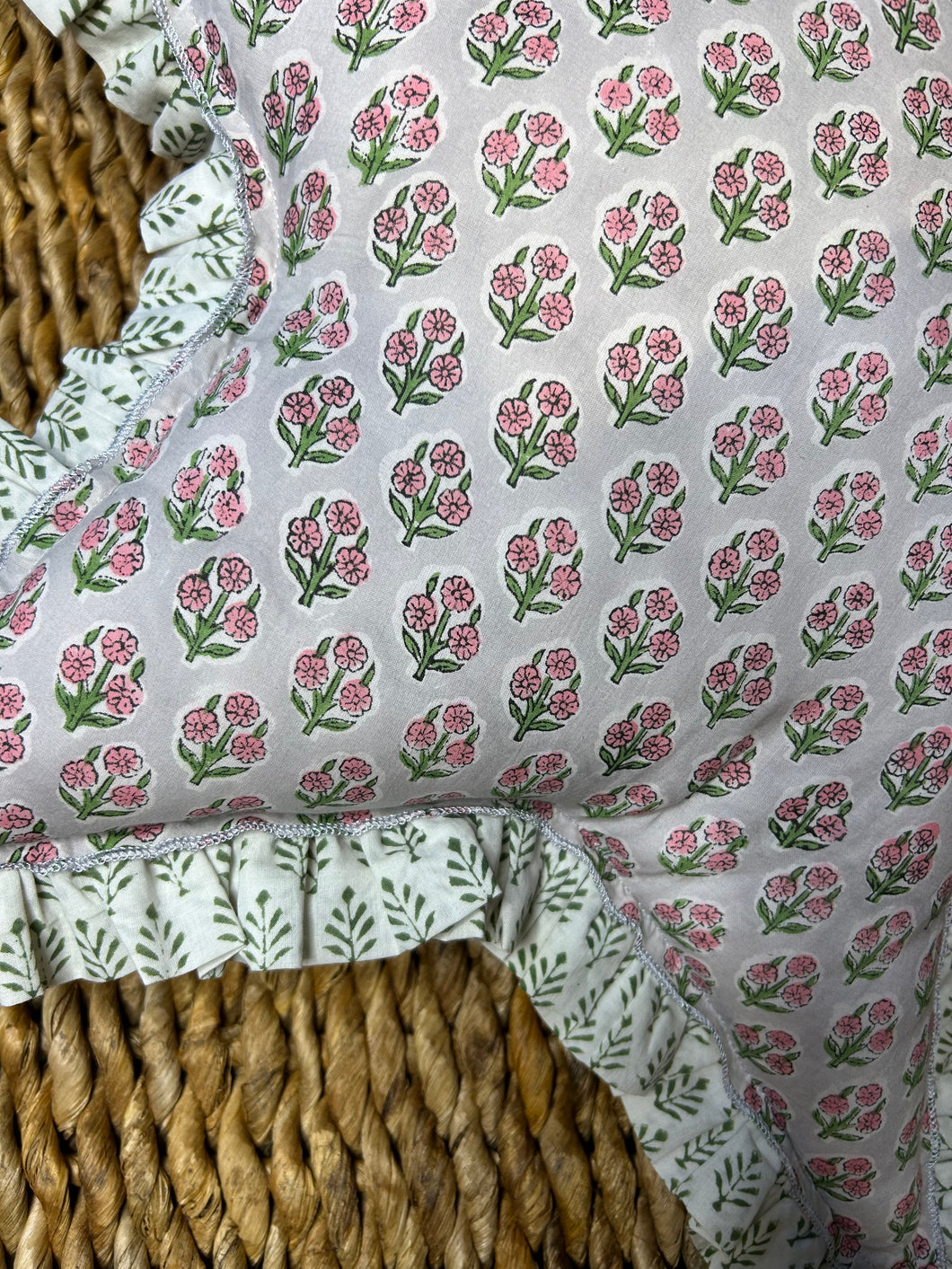 Grey & Pink Daisy Hand block printed Star cushion - limited edition