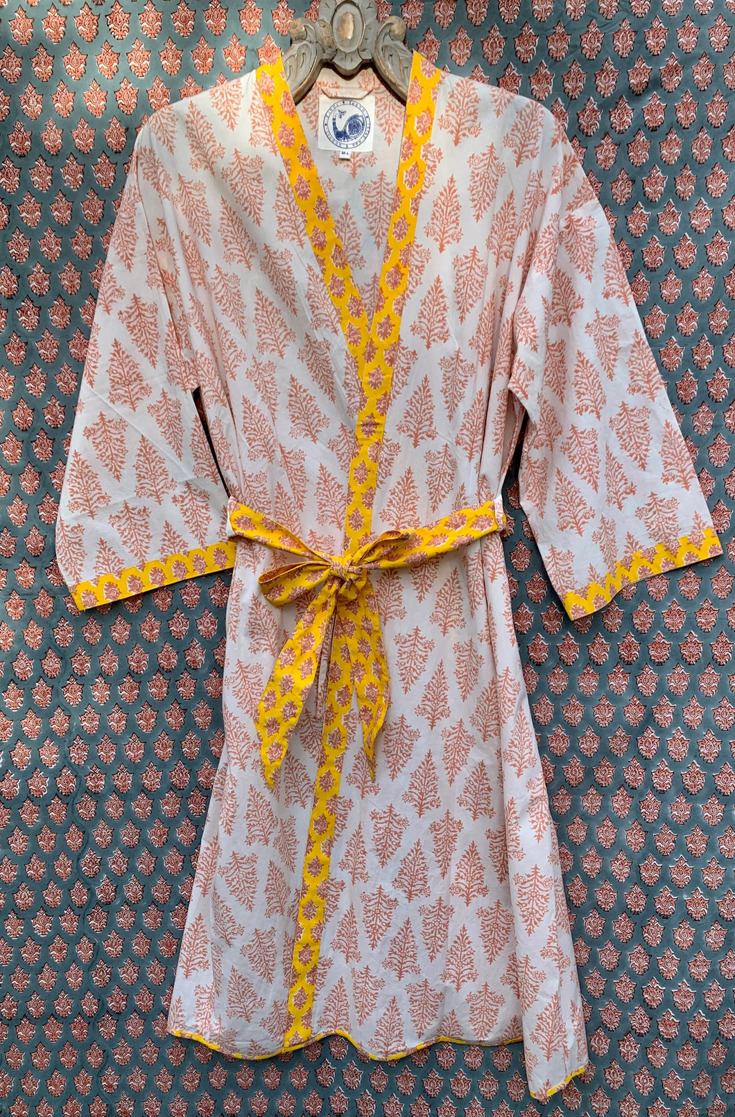 Grace Hand block printed Organic cotton Midi Robe - Womens - Sunbleached coral / yellow