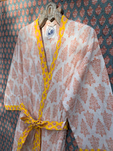 Load image into Gallery viewer, Grace Hand block printed Organic cotton Midi Robe - Womens - Sunbleached coral / yellow
