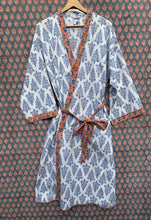 Load image into Gallery viewer, Grace Hand block printed Organic cotton Midi Robe - Womens - Indigo / White

