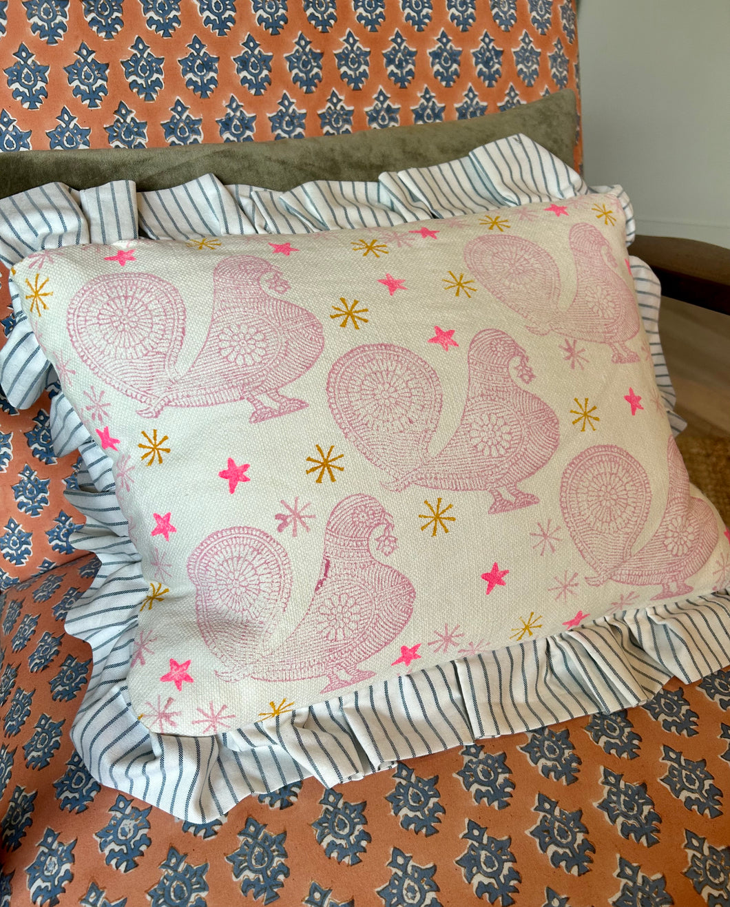 Neon Star and London Pigeon Hand block Star printed Linen cushion with stripe frill