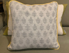 Load image into Gallery viewer, Grey Hand block mini dahlia printed cotton mix cushion with mustard gingham piping
