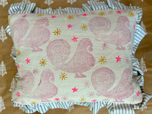 Load image into Gallery viewer, Neon Star and London Pigeon Hand block Star printed Linen cushion with stripe frill
