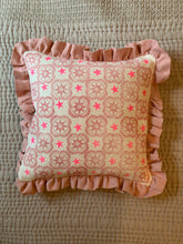 Load image into Gallery viewer, Dusty rose and neon pink Hand block Star printed Linen cushion with stripe frill
