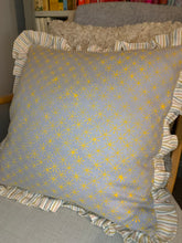 Load image into Gallery viewer, Sungold Yellow Hand block Star printed Linen cushion with stripe frill

