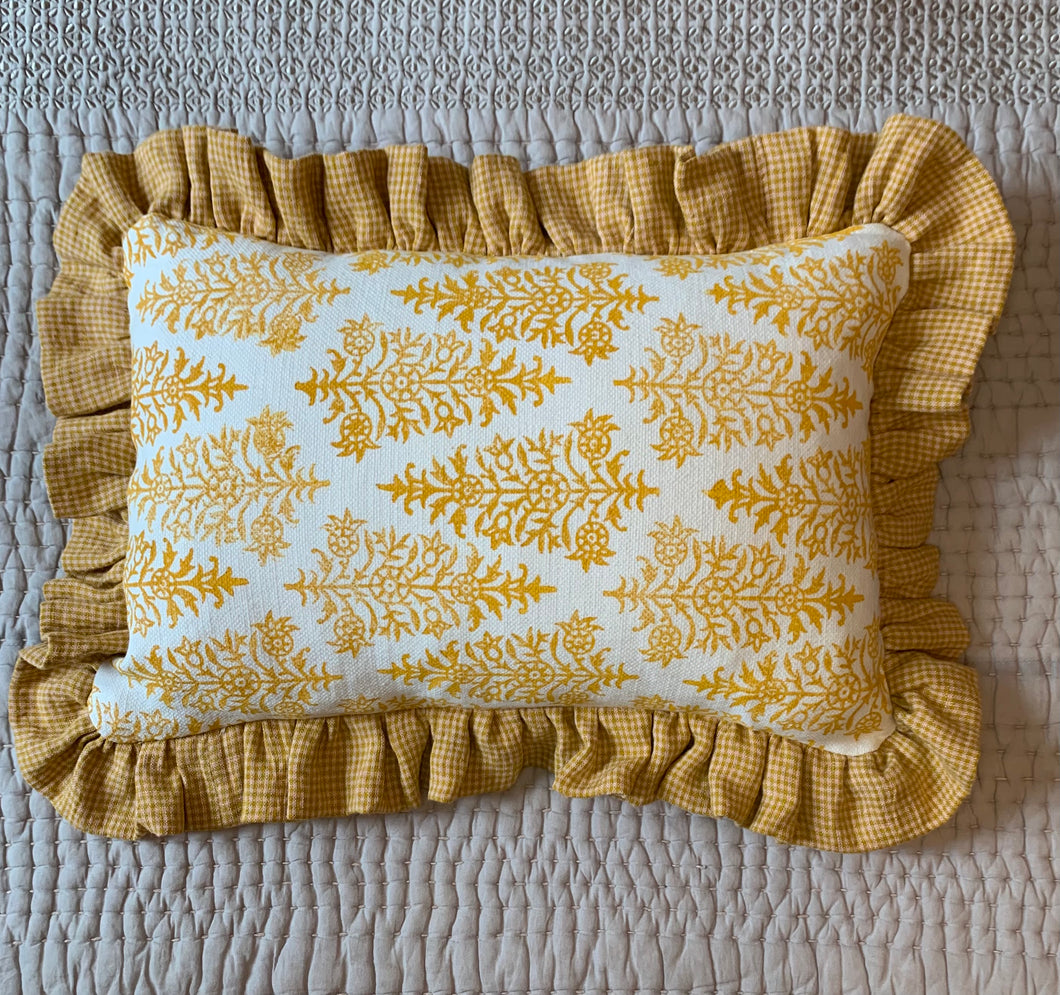 Mustard Dahlia with mini Gingham linen frill cushion