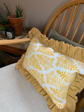 Load image into Gallery viewer, Mustard Dahlia with mini Gingham linen frill cushion
