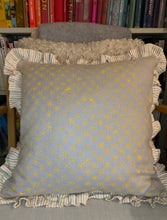 Load image into Gallery viewer, Sungold Yellow Hand block Star printed Linen cushion with stripe frill
