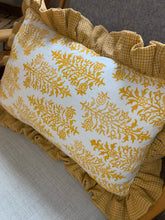 Load image into Gallery viewer, Mustard Dahlia with mini Gingham linen frill cushion
