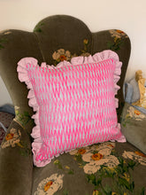 Load image into Gallery viewer, Neon pink Hand block printed zig zag Linen cushion with stripe frill
