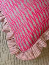 Load image into Gallery viewer, Neon pink Hand block printed zig zag Linen cushion with stripe frill
