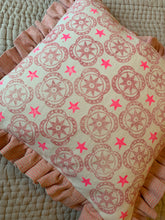 Load image into Gallery viewer, Dusty rose and neon pink Hand block Star printed Linen cushion with stripe frill
