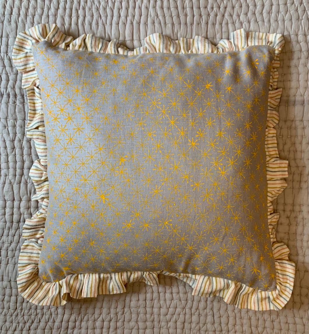 Sungold Yellow Hand block Star printed Linen cushion with stripe frill