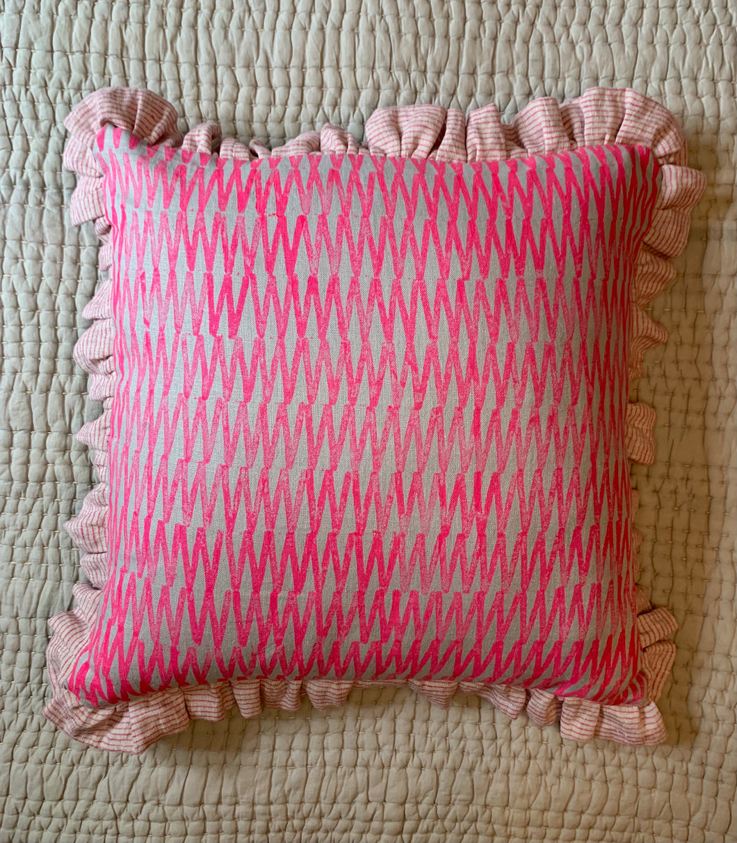 Neon pink Hand block printed zig zag Linen cushion with stripe frill