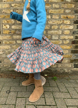 Load image into Gallery viewer, size 6-7 tiered skirt for girls with indian salte grey and coral mini dahlia hand wood block printed organic cotton polin
