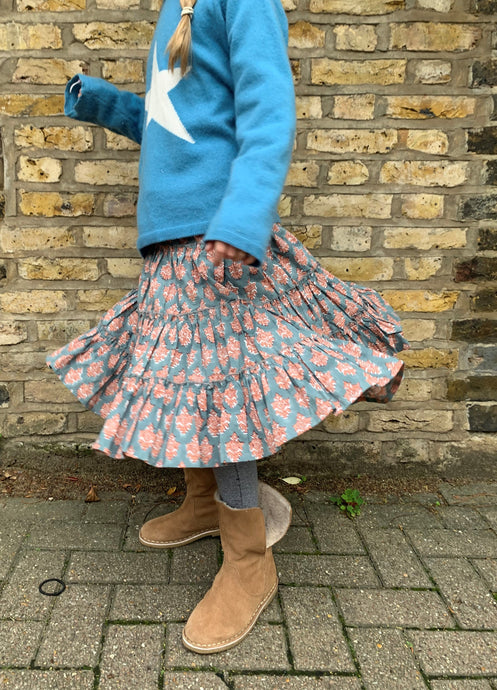 size 6-7 tiered skirt for girls with indian salte grey and coral mini dahlia hand wood block printed organic cotton polin